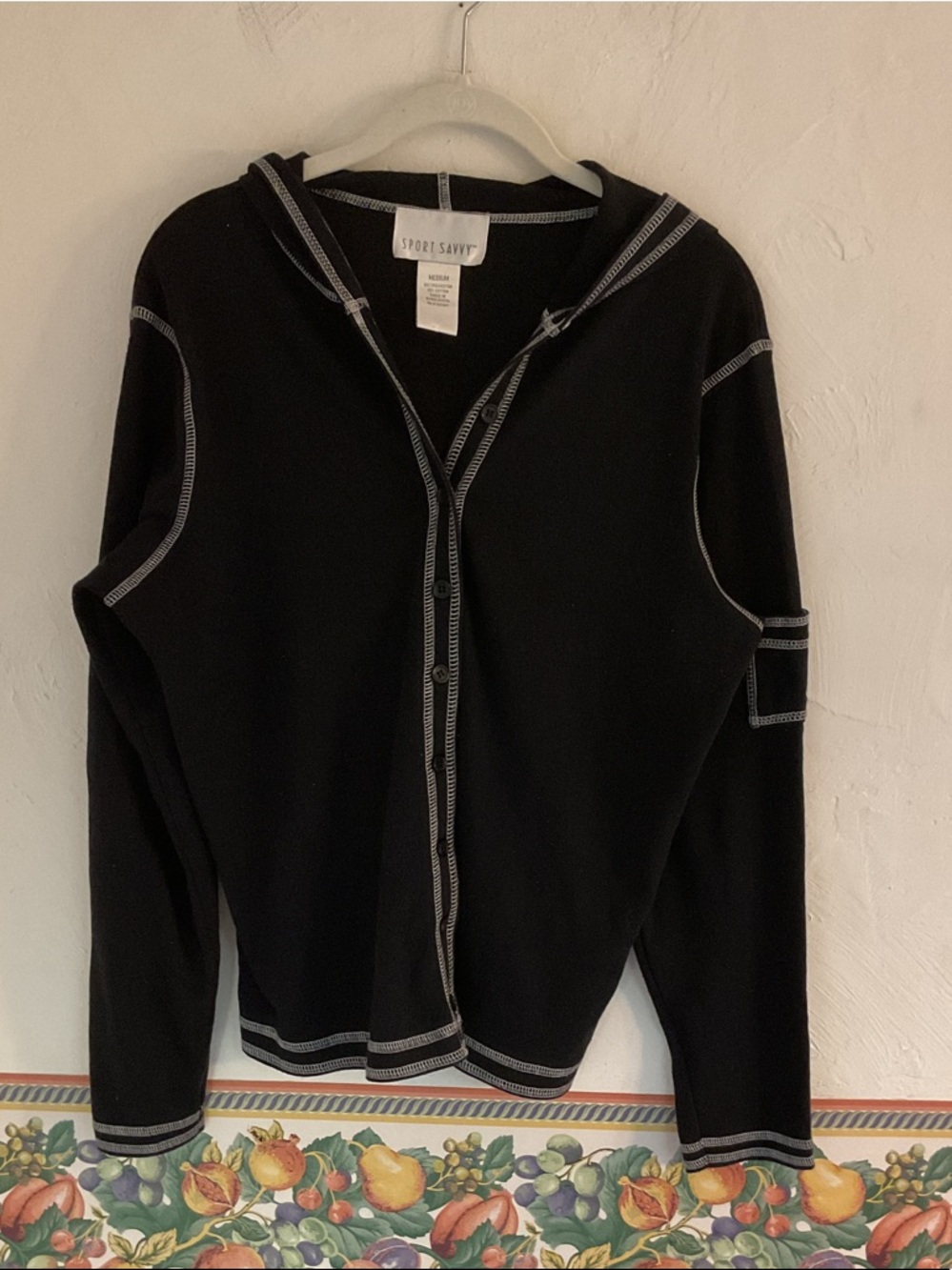 Sport Savvy Contrast Stitch Hooded Button-Front Cardigan, Size M, Black/White